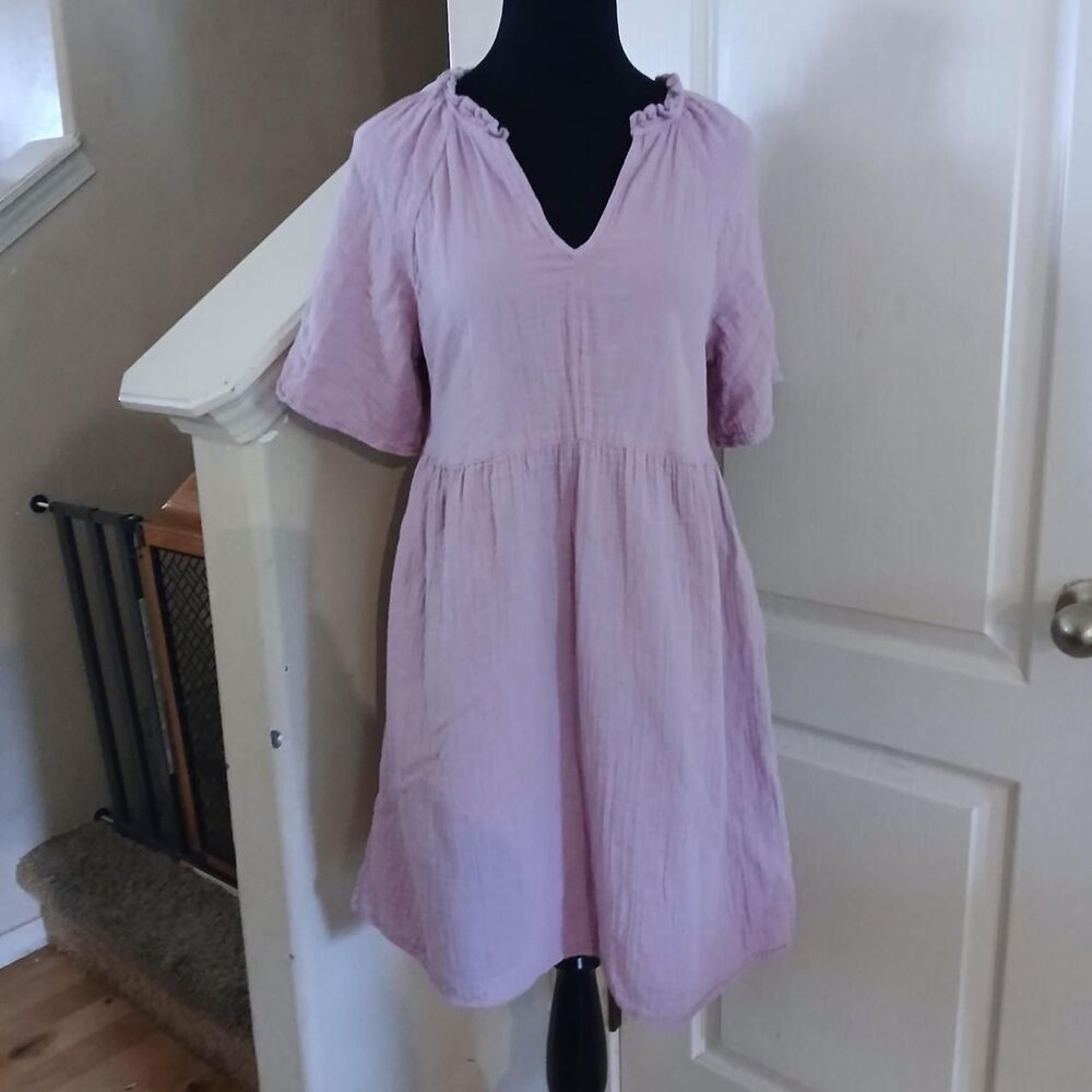 Old Navy Pink Split Neck Crinkle 100% Cotton Gauze Mini Swing babydoll Dress S
